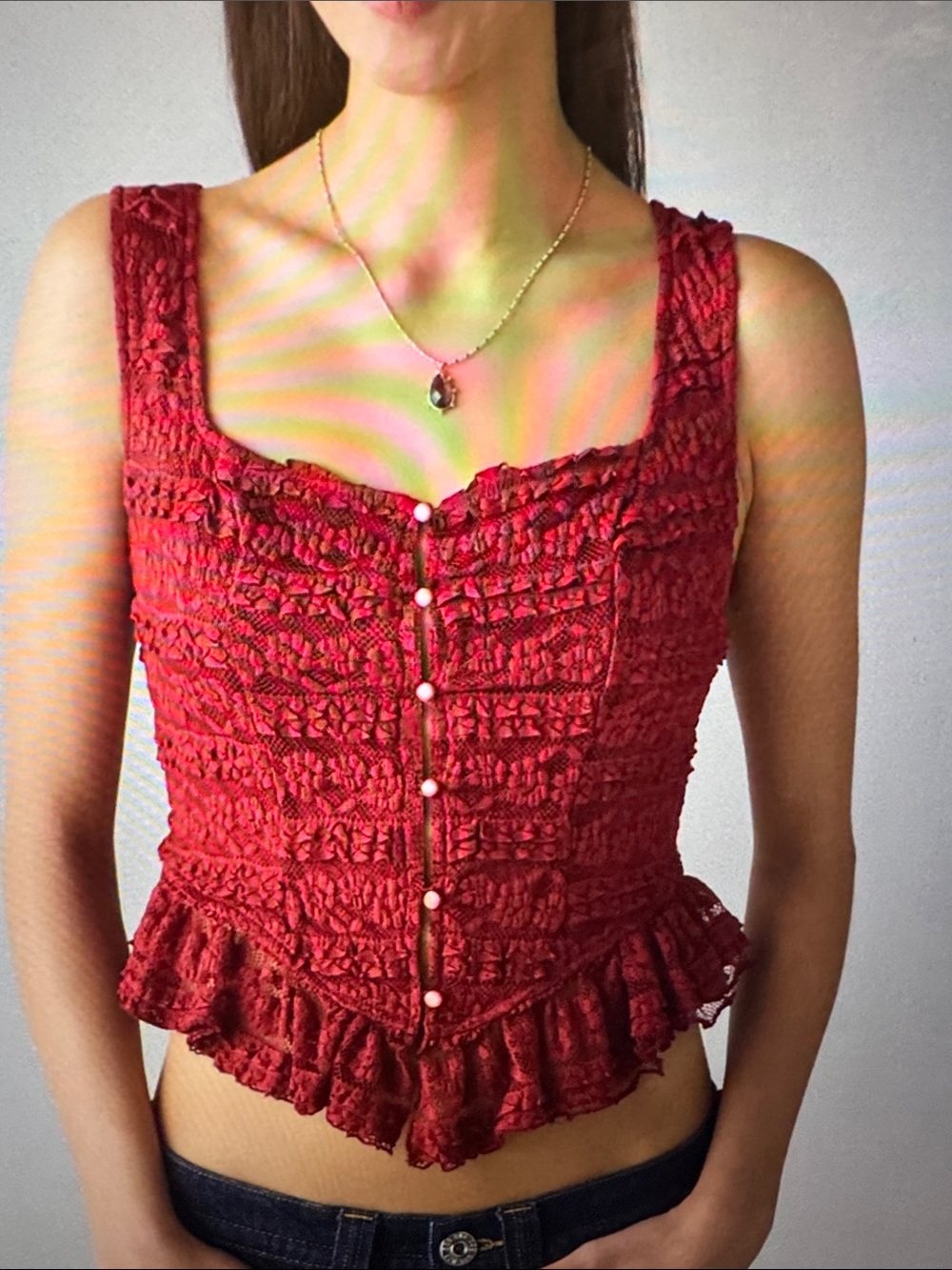 Urban Outfitters Kimchi Blue Amara Ruffle Lace Button-Front Tank Top